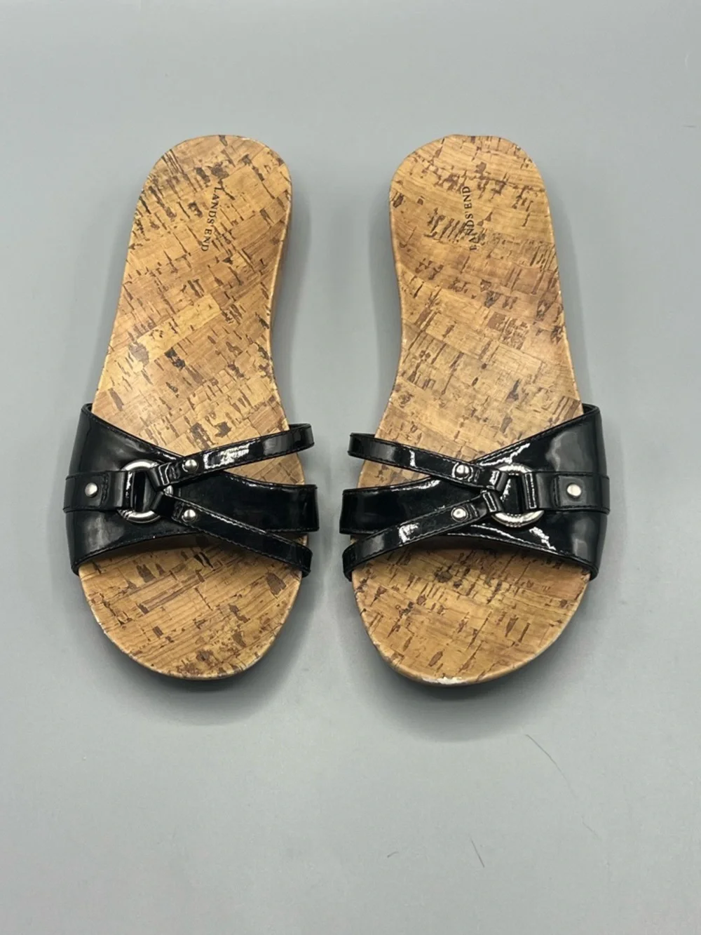 Lands' End Women's Black Harbor Light Flat Patent Leather Slides Sandals